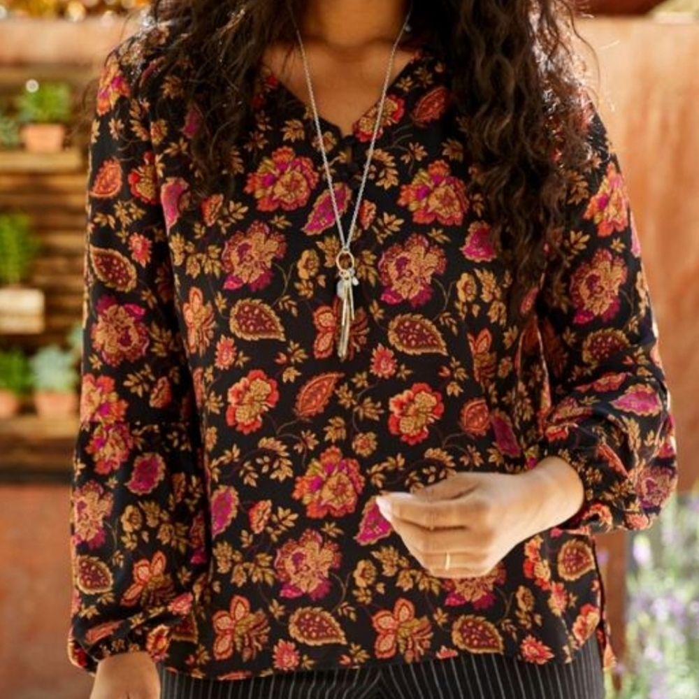 Maurices Black Paisley & Floral Boho Blouse w/ Puffed Sleeve Ends - XS